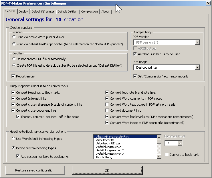 (Dialog window for PDF-T-Maker settings) (Dialog window for PDF-T-Maker settings)